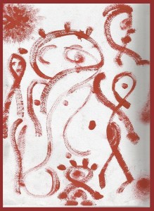 Red figures- hair paint on oil pastel paper, 2012